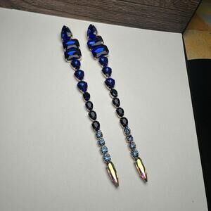Blue Rhinestone Gold Tone Long Statement Dangle Drop Pierced Earrings
